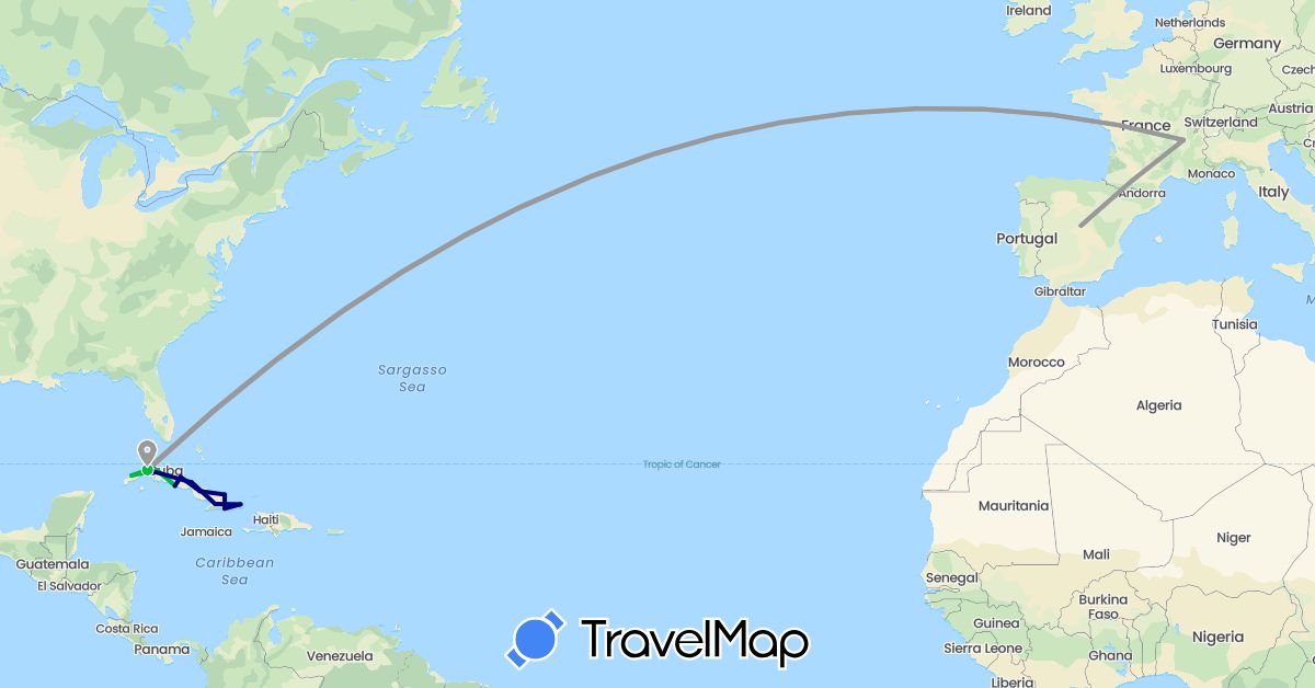 TravelMap itinerary: driving, bus, plane in Cuba, Spain (Europe, North America)
