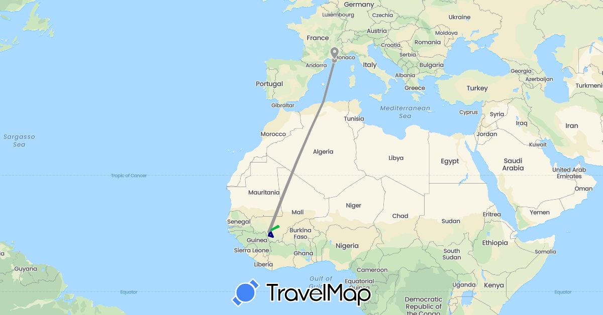 TravelMap itinerary: driving, bus, plane, cycling in Algeria, France, Mali (Africa, Europe)